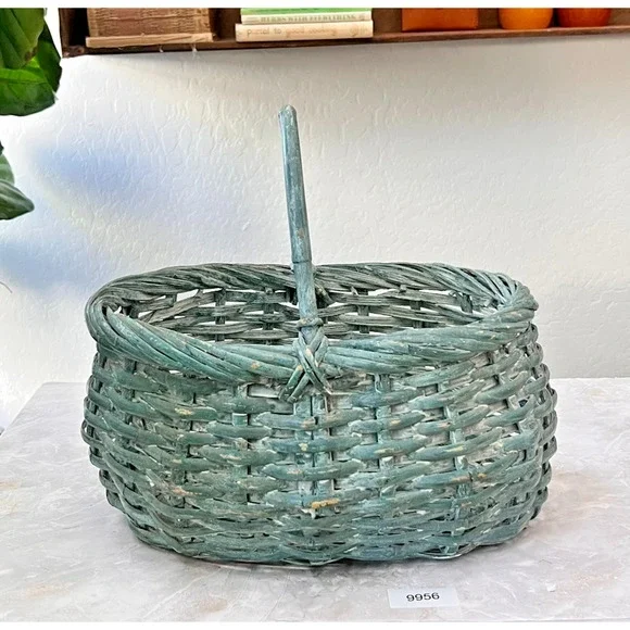 Antique Medium Woven-splint Basket Single Handle Distressed Blue Green Decor